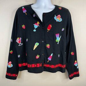 Michael Simon Lite Cardigan Size 1X Sweet Summer Treats Embroidered Knit Vintage